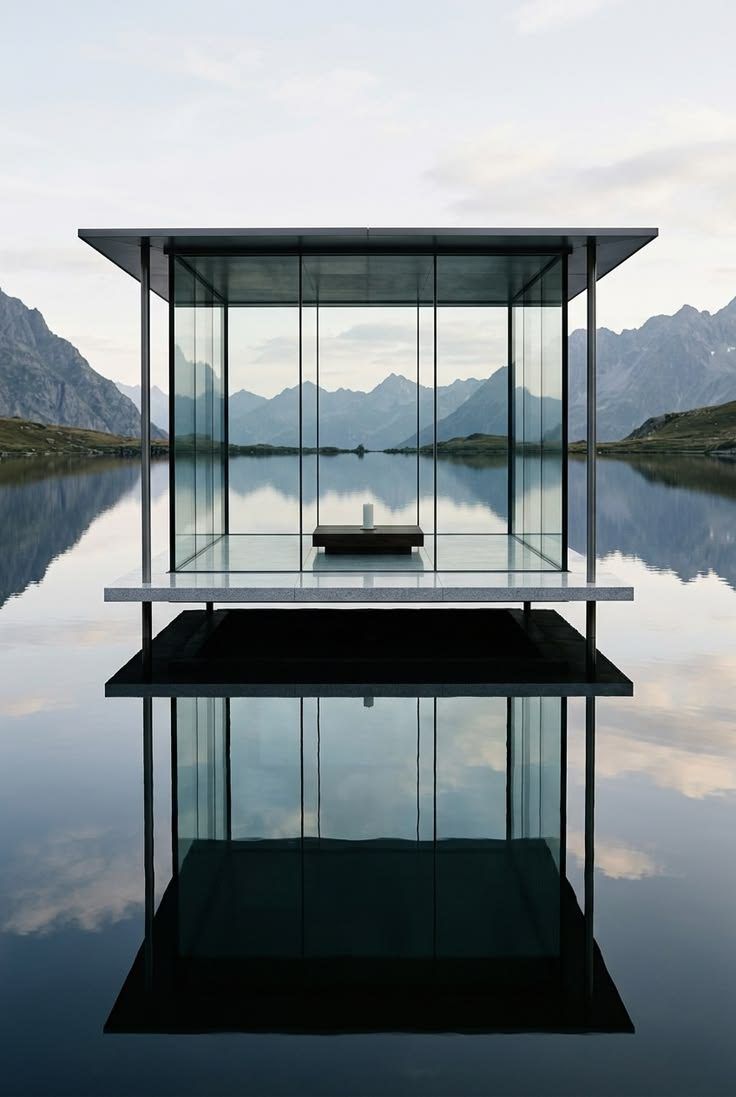 A glass pavilion reflected in a still mountain lake