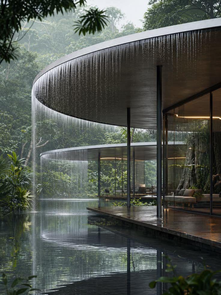 A circular glass pavilion under a curtain of falling water in a forest